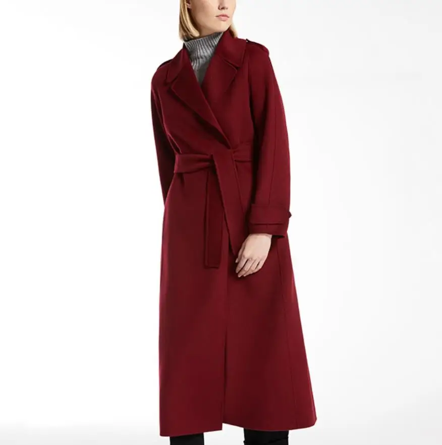 Модное кашемировое пальто осень зима женское винтажное приталенное длинное шерстяное дизайнерское роскошное пальто с поясом и карманами