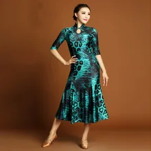 green leopard Standard Ballroom Dance Dress Women Improved cheongsam backlessWaltz/Tango Dance Dress for Performance/Practice