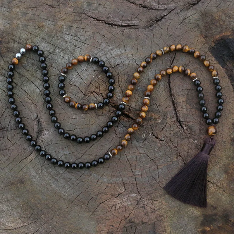 8mm Tigers Eye, Hematite, JapaMala Necklace, Namaste Yoga Jewelry, Chakra Stones Mala, Buddhist Mala Prayer Bead, 108 Mala Beads