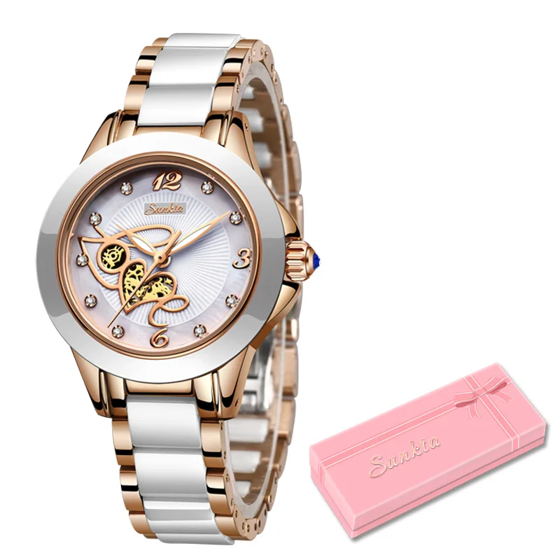 Diamond Surface Ceramic Strap Watch SUNKTA Fashion Waterproof Women Watches Top Brand Luxury Quartz Watch Women Relogio Feminino - Цвет: Rose gold white