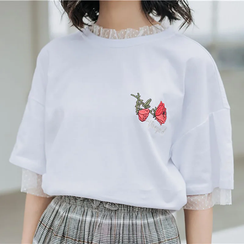 

Preppy Style Rose Embroidered T-shirt Women Summer New Mesh Patchwork Short Sleeve Tee Shirt Ulzzang Schoolgirl Streetwear