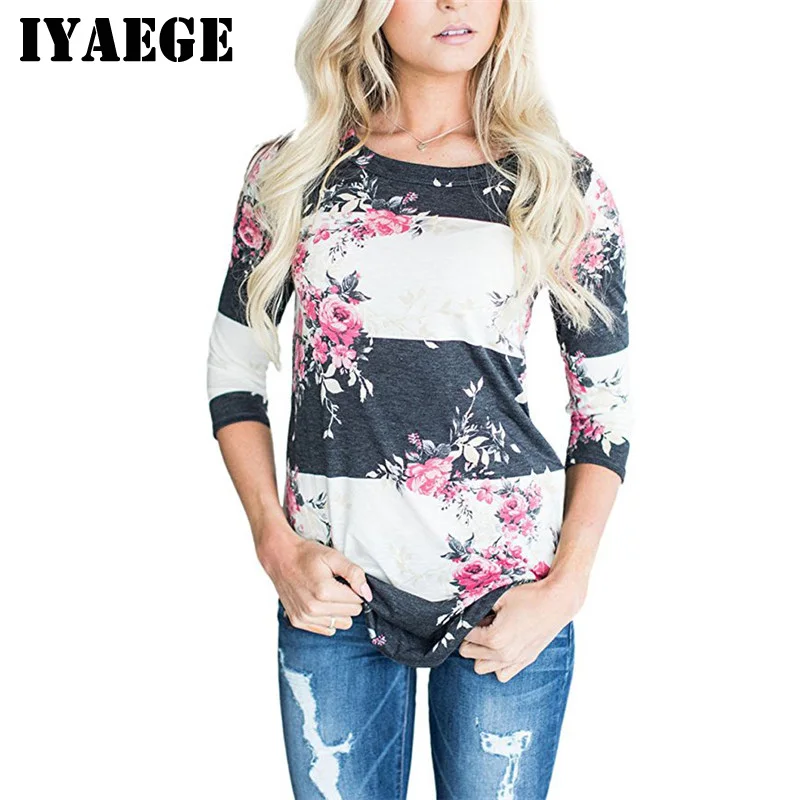 

IYAEGE Women Blouses 2019 Spring Floral Print Shirt Women Casual Long Sleeve Blouse Autumn 3/4 Sleeve Shirts Tunic Tops Blusas