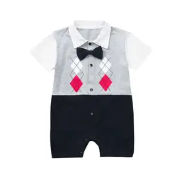 CHAMSGEND новорожденных Для маленьких мальчиков Смешанный хлопок короткий рукав джентльмен печати комбинезон одежда, летняя одежда FEB2 P30