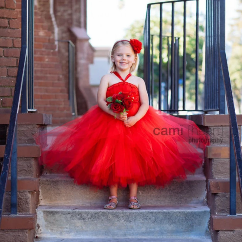 

Red Tutu Flower Girl Dress with Flower Headband Gorgeous Red Girl Dress Birthday Party and Christmas Red Dress for Weddings