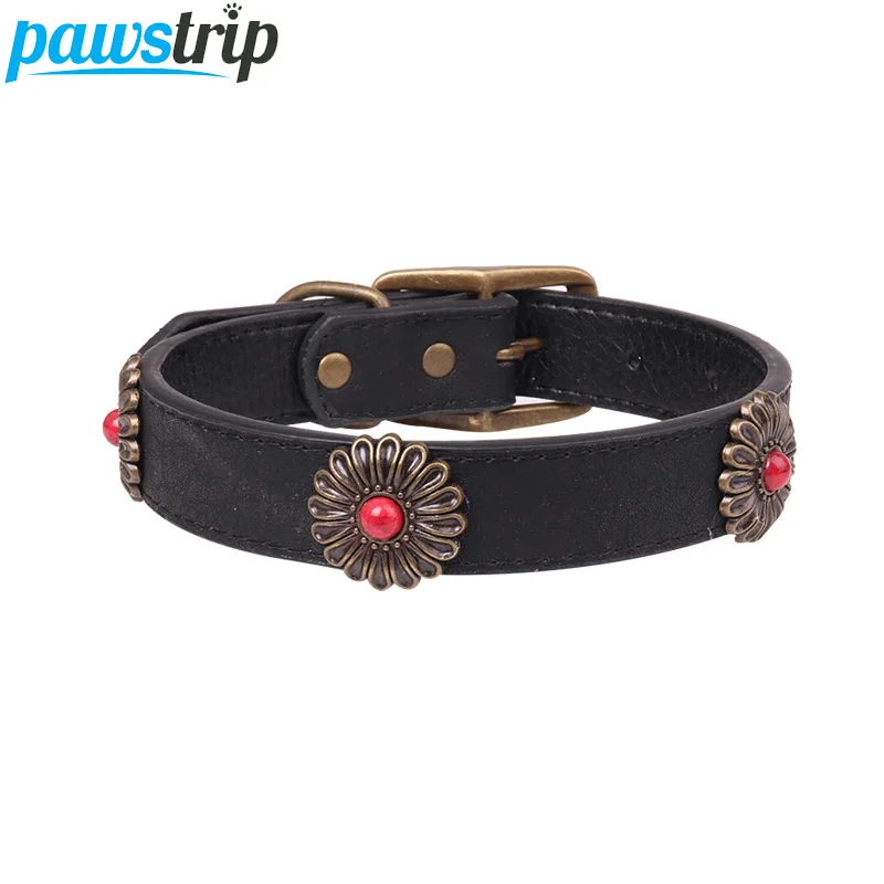 

pawstrip Bronze Flower Large Dog Collar Leather Adjustable Puppy Collar 2.5/3.0cm Width Big Dog Collar Lead