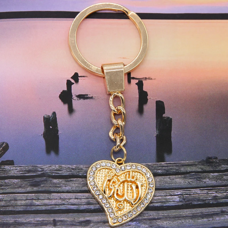 

Heart Shaped Arab Muslim Islamic God Allah Keychain Inlay Advanced CZ Rhinestone Alloy Key Chain Religious Gifts Wholesale
