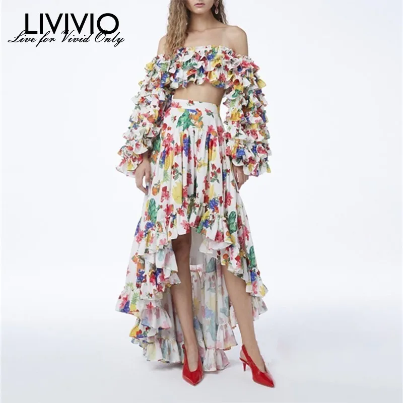

[LIVIVIO] Print Women Suit Slash Neck Puff Sleeve Crop Tops High Waist Asymmetrical Skirt Two Piece Set Female Fashion New