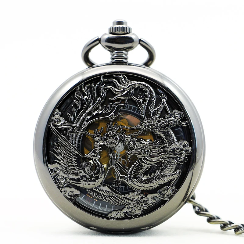 

New Retro Vintage Mechanical Pocket Watch Dragon Phoenix Hollow Fob Watch Roman Number Black Dial for Men Women PJX1151