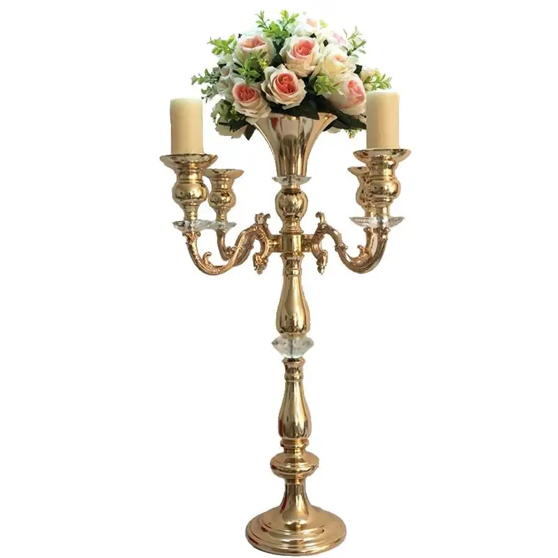 PEANDIM Gold 5 Heads Candelabra Flower Vase Holder Votive Candle Holder Wedding Table Centerpieces Flower Rack For Home Decor