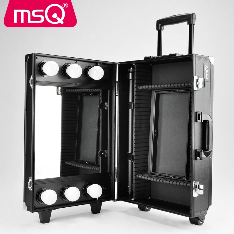 

MSQ Makeup Tools High-capacity Multi-layer Cosmetic Case Professional with LED Light Portable Rod Holder Storage Box with Wheels