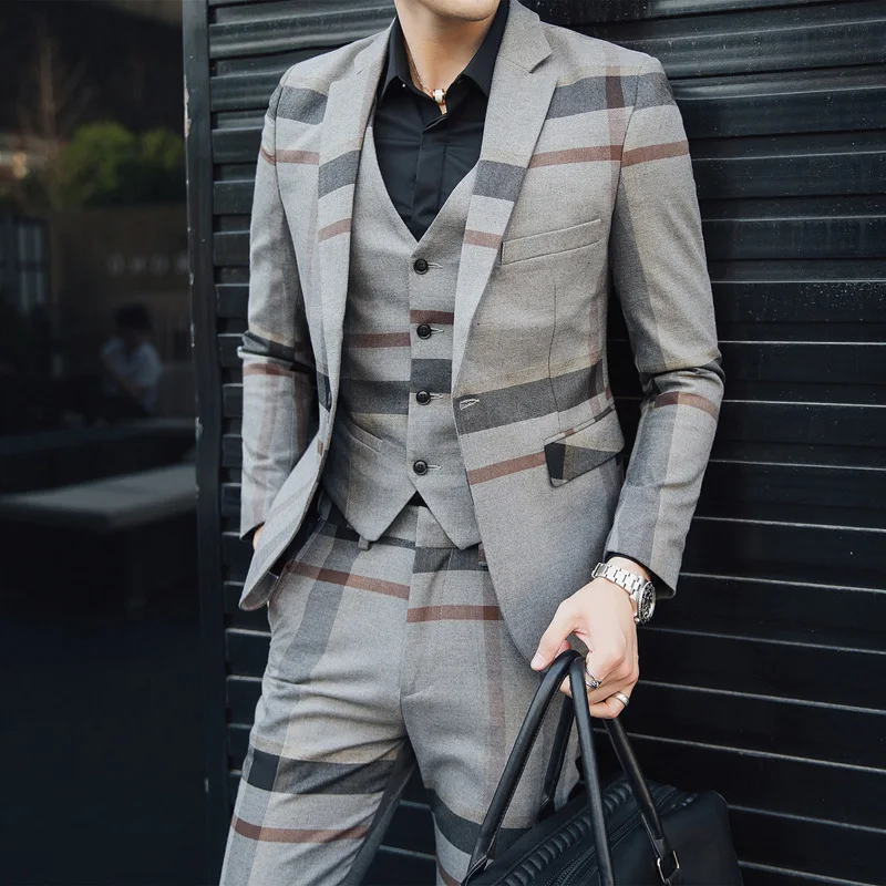 

England Plaid Long Sleeve Wedding Suits For Men Groom Men Suit Slim Fit 2019 Autumn 3 Piece Costume Homme terno masculino 5XL