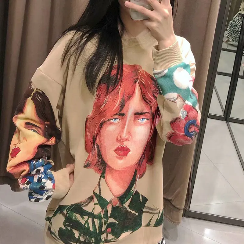 

Character Print Women Sweatshirt O Neck Long Sleeve Knitted Pullover 2019 Autumn Fashion Oversized Hoodie Sweatshirts Top Female