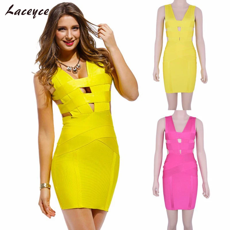 Laceyce 2018 Chic летнее платье Модные женские розовый желтый без рукавов выдалбливают