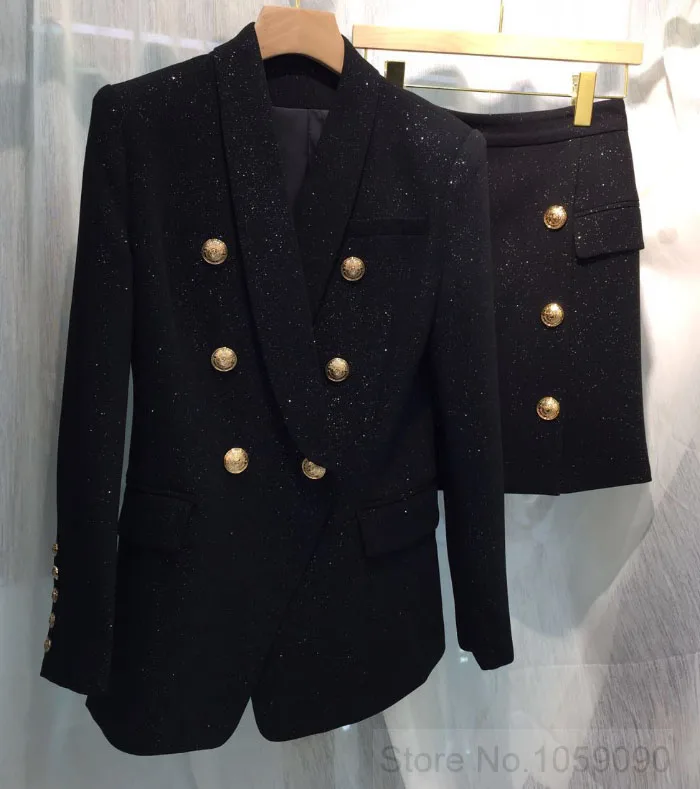 

Black Starry Sniny Mini Skirt Woman Front Gold Button Double Breasted With Pockets Gold Zipper Back