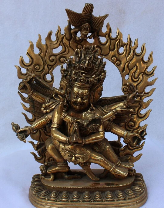 

bi003862 8" Old Tibet Buddhism Bronze Gilt 3 Head 6 Arms Mahakala Yab-Yum Buddha Statue