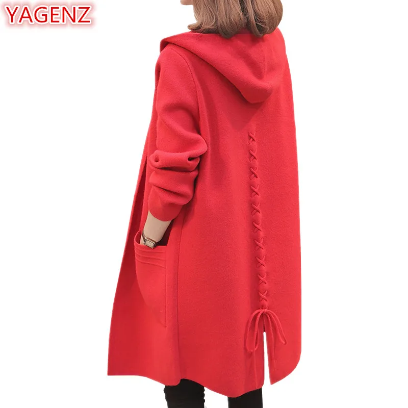 ^Cheap YAGENZ Womens Sweaters Long Cardigan Coat Hooded Knit Coat Fashion Spring Autumn Jacket Womens Long sleeve Top Double pocket 875