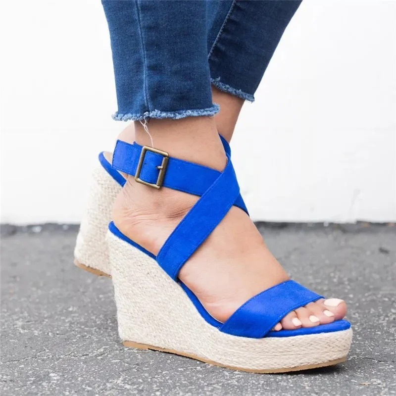 Leopard Wedge Sandals Summer Peep Toe Flock Buckle Strap Women Platform Espadrilles Sandal Plus Size 43 High Heels Shoes Female  (4)