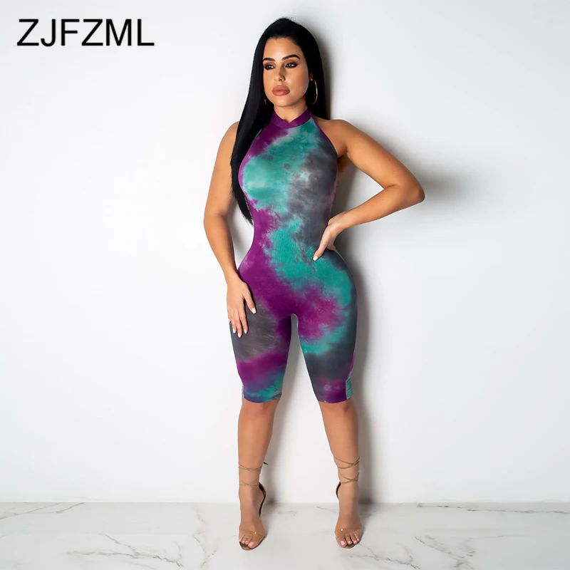 Комбинезон с принтом Tie Dye, женский сексуальный комбинезон с открытыми плечами и открытой спиной, цельный комбинезон, летняя блузка на бретелях, комбинезон миди без рукавов