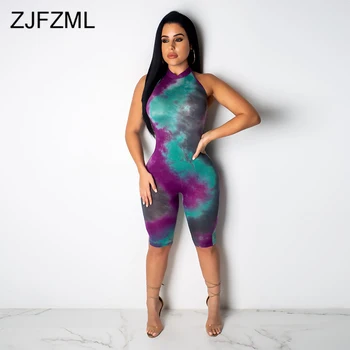 

Tie Dye Print Rompers Womens Jumpsuit Sexy Off The Shoulder Backless One Piece Overall Summer Halter Sleeveless Midi Playsuit