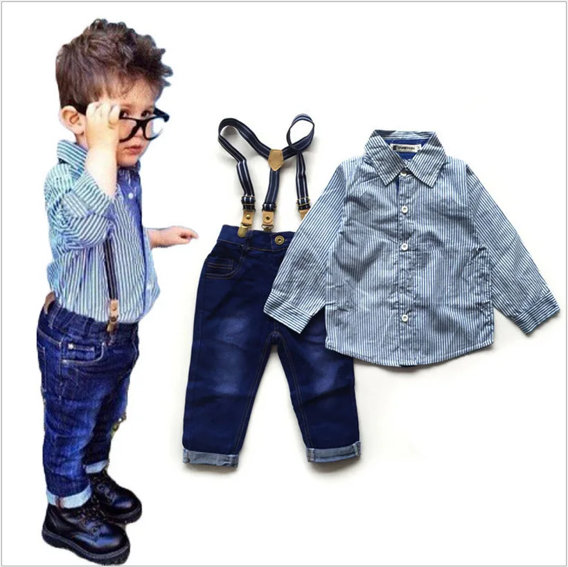 

2017 Spring and Autumn New Boy Suit Striped Long Sleeved Shirt and Jeans