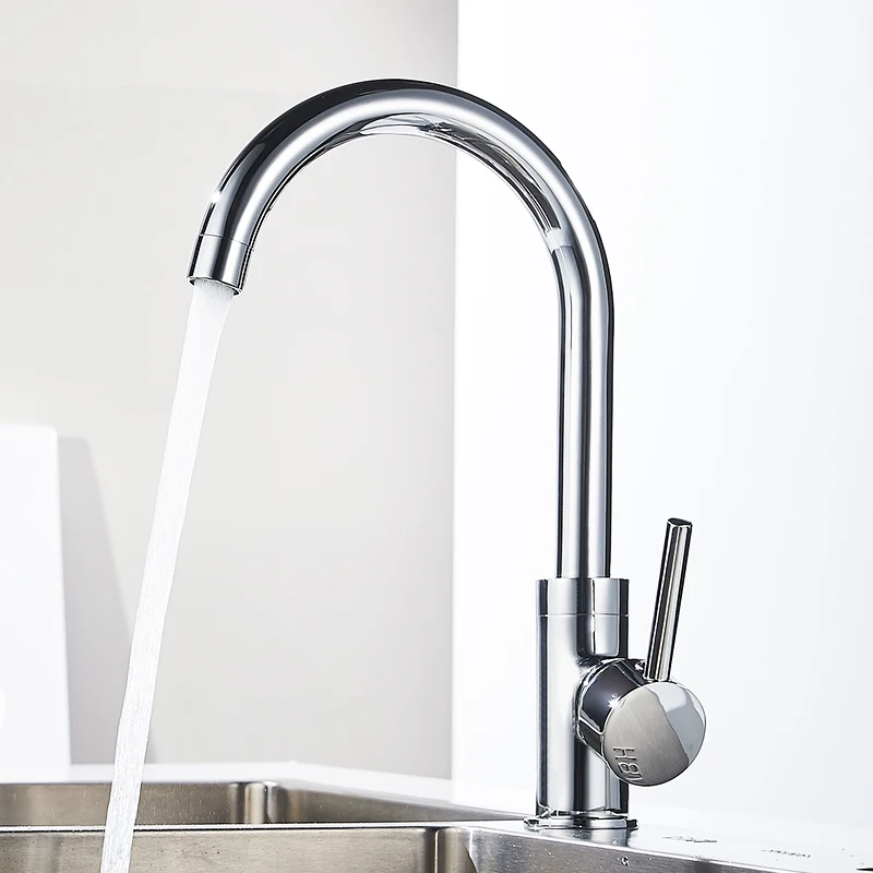 Fapully Kitchen Faucet Mixer Taps Deck Mounted Polished Chrome Brass Single Hole Sink 360 Degree Rotation Contemporary Vessel