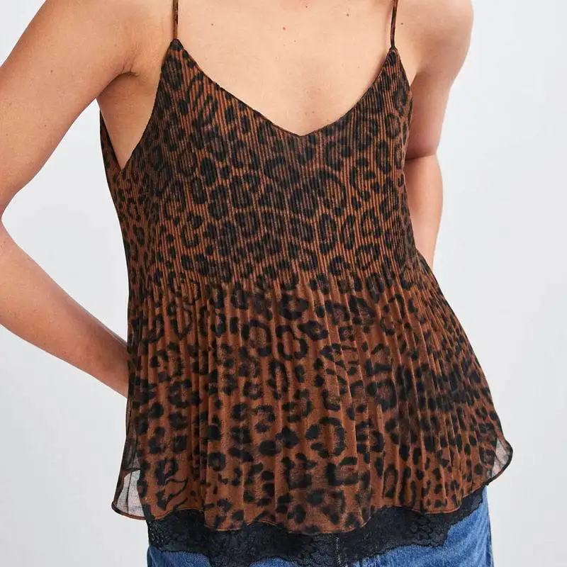 

ZA 2019 Spring and Summer New Leopard Print Lace Sexy Women Camis