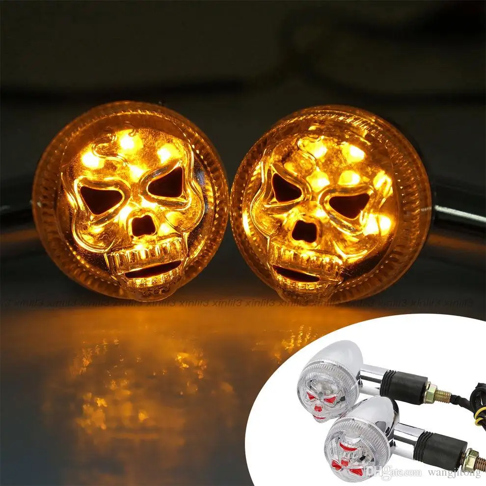 

Chrome Red Motorcycle 3D Skull Skeleton LED Yellow Turn Signal Light Custom Part