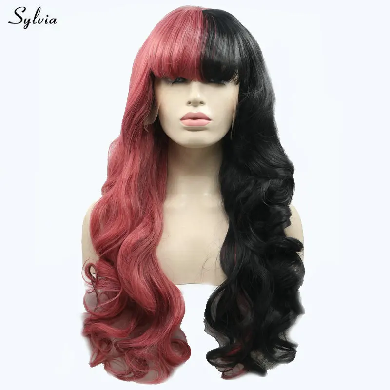 Sylvia натуральный волос Drag queen Синтетические Кружева передние парики для женщин Косплей праздники половина красный половина Черный Длинные тела волна волос