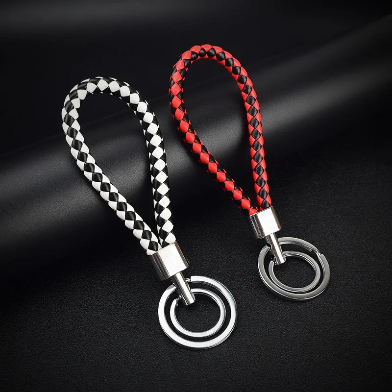 Fashion Wrist Artificial Leather Braided Rope Keychain Double Keyring