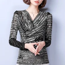 Лидер продаж Весна Женская мода тонкий серебряный сексуальный v-образный вырез элегантные футболки женские повседневные оптом брендовые футболки топы