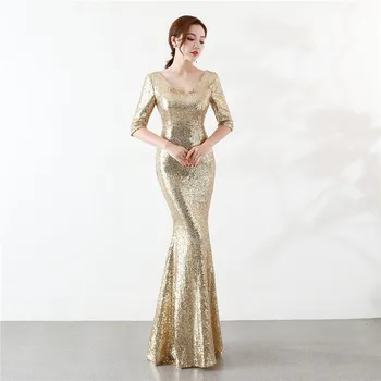 

Gold Sequined V Neck Half Sleeve Long Mermaid Night Club Wear Sexy Evening Long Dresses For Women Elegant Cocktail Party Dresses