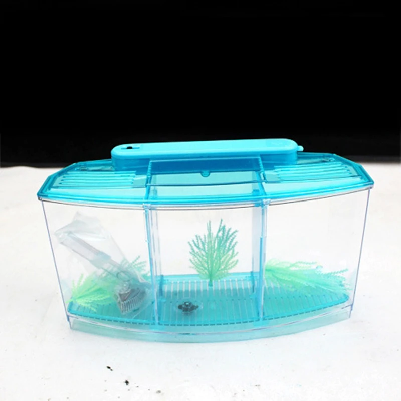 Светодиодный светильник для аквариума из акрила с тремя разделениями Betta Fish Tank с тройным бантом и изоляцией люка, коробка для пород синего и фиолетового цветов AT007