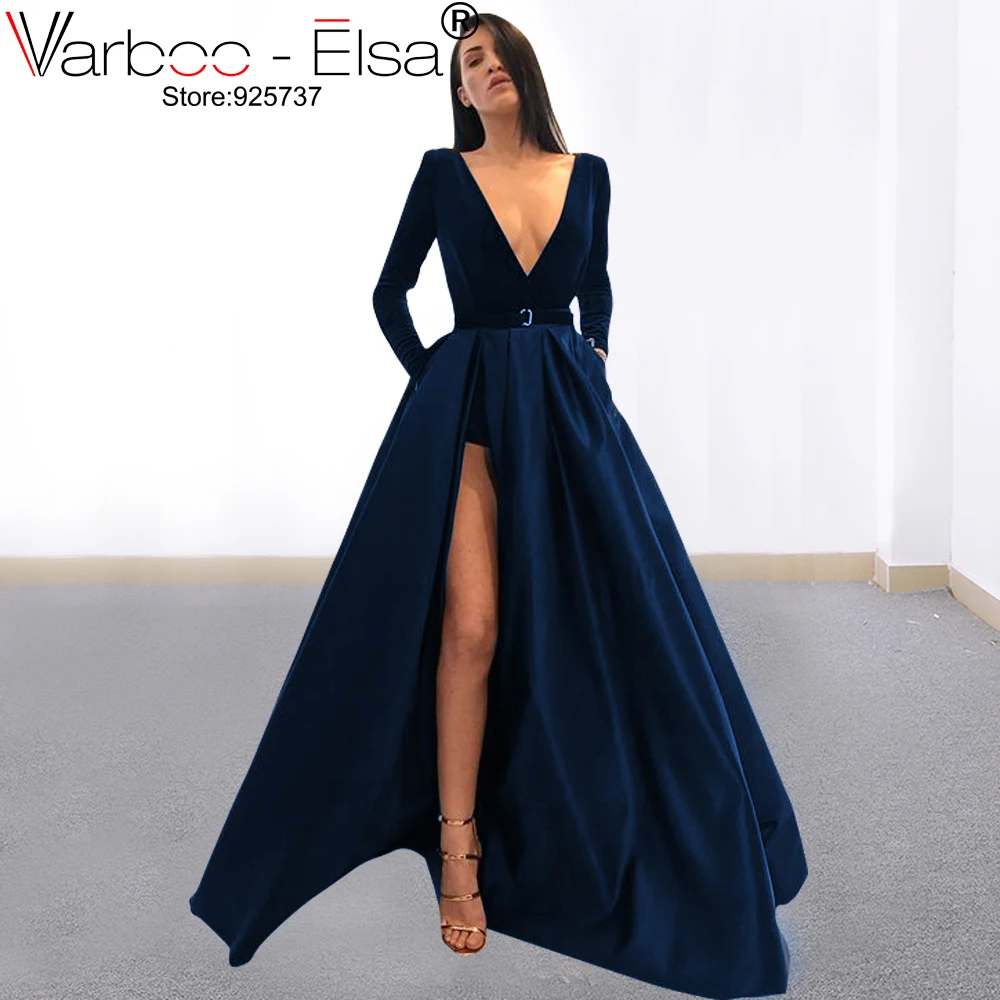 VARBOO_ELSA сексуальное вельветовое платье с длинным рукавом и глубоким v образным