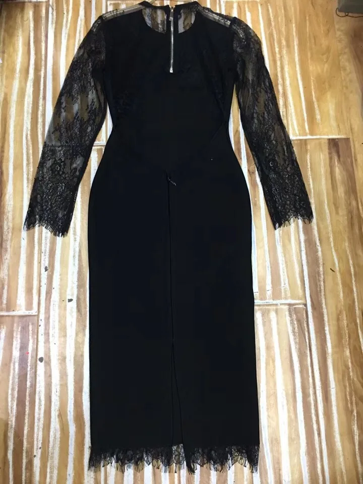 Newest Sexy Long Sleeve Black Lace Bandage Dress Designer Fashion Dress Vestido