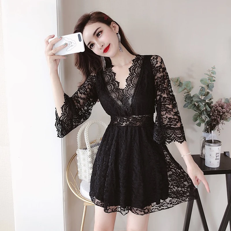

2019 spring summer new Korean dress women fashion temperament V-neck strapless Lace mesh Sexy slim slimming hip dress women's