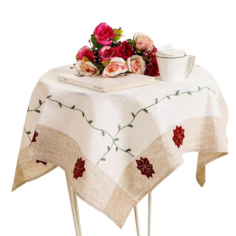 

Linen Tablecloth Flower Embroidery Table Cloth Cover for Party Holiday Dinner Wedding 669