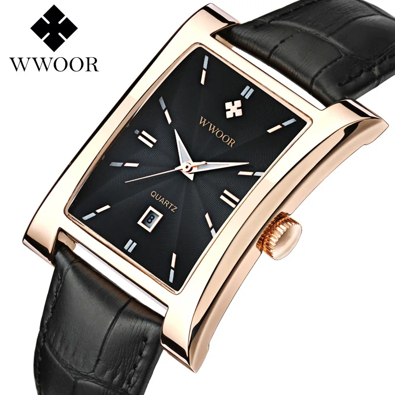 WWOOR Top Brand Luxury Men's Square Quartz Watch Men Waterproof Genuine Leather Casual Sports Business Wrist Watch Date Clock - Цвет: black gold