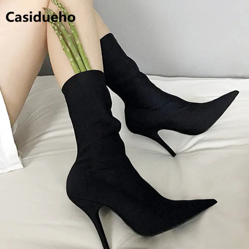 

Black Chelsea Boots Sexy Stiletto Pointy Toe Shoes Woman Slip-on Party Sandalias Mujer Ankle Boots Thin High Heels Botas 2018
