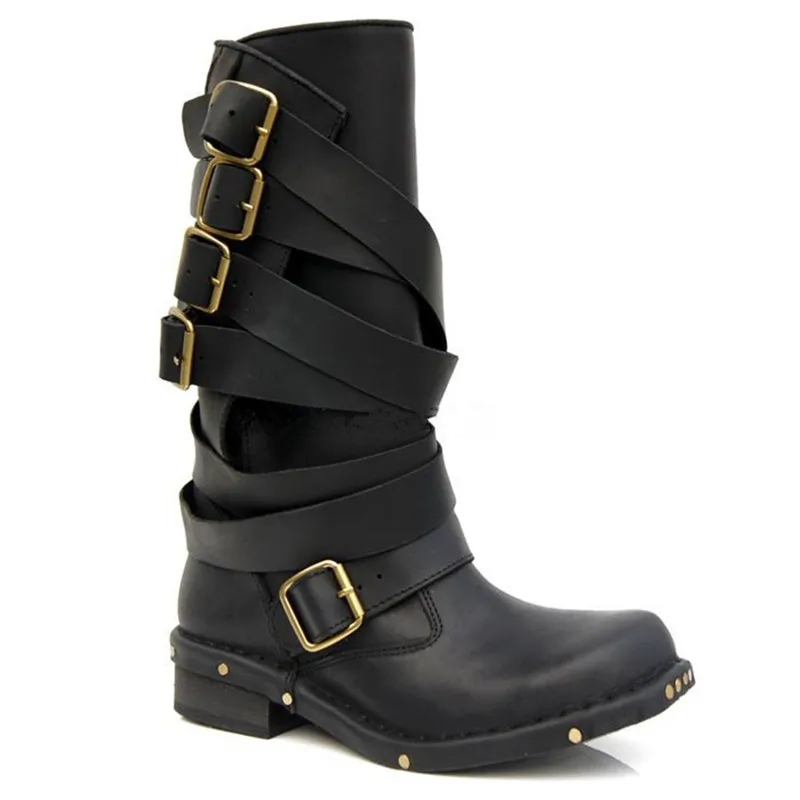 Cowboy marron Militaire Bretelles Moto Mabaiwan Noir Chaussures Vintage Boucle Main Cuir Rivets Mi En Femme mollet Véritable Bottes Femmes 6w6EUq
