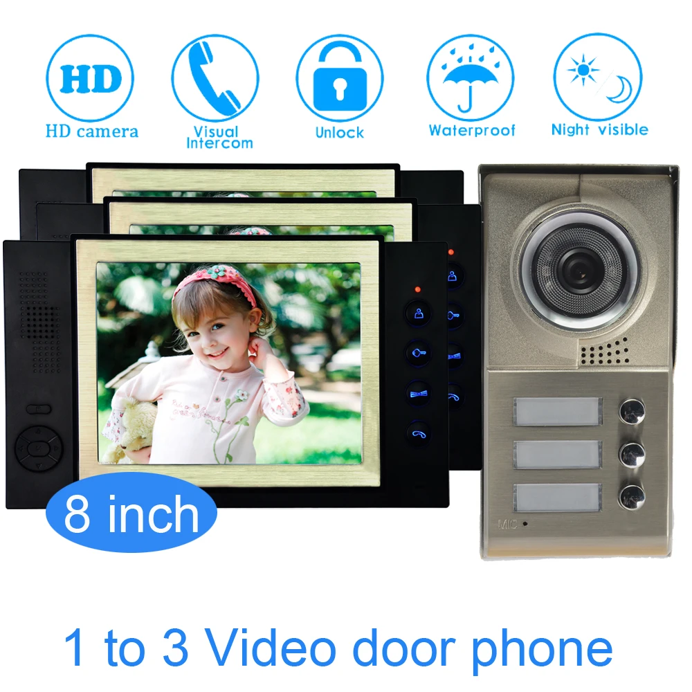 Family one to three video door phone system 8 inch Monitor LCD Panel wire type Water proof function Smart Doorbell intercom