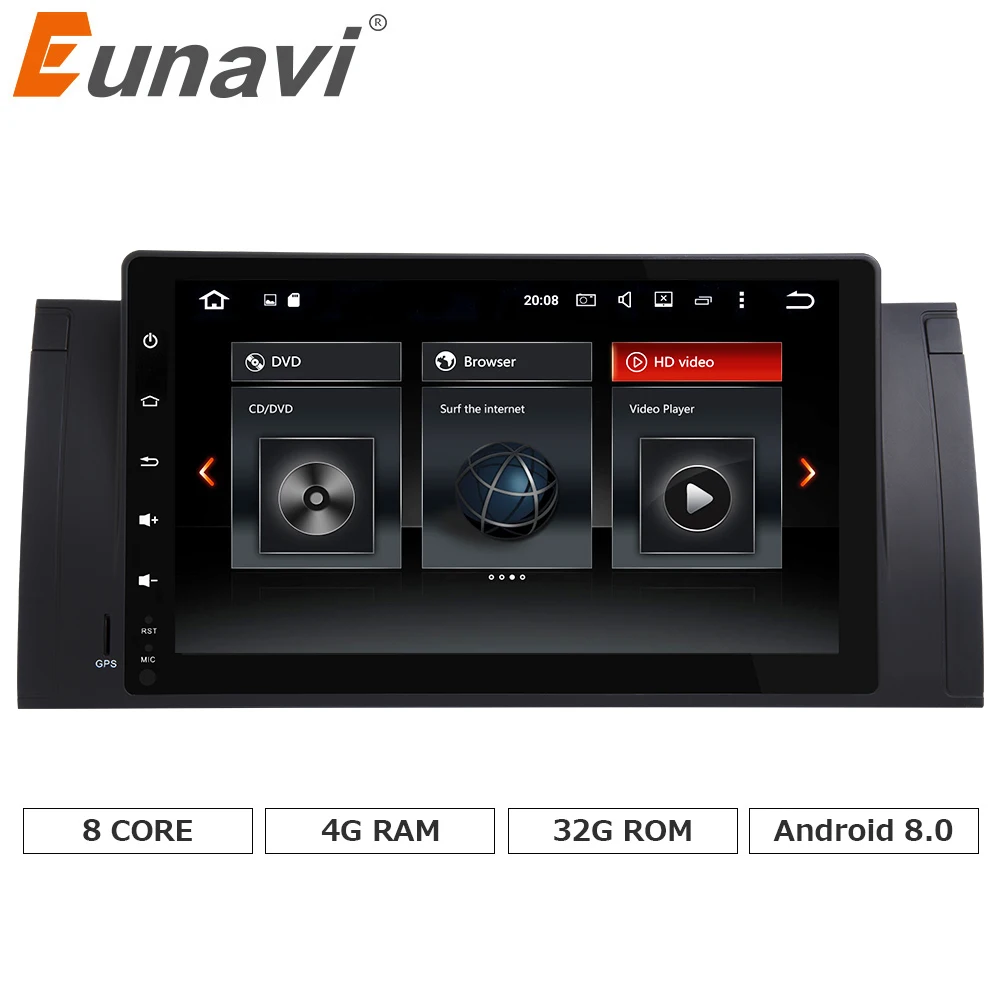 Eunavi Single 1 din Car Multimedia Player Octa Core Android 8.0 GPS Stereo System For BMW/E39/X5/E53 3G 4G Wifi FM AM Radio USB