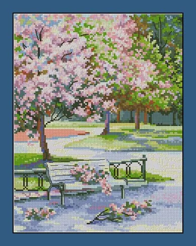 cs-2421 Cross Stitch Kit Spring in the Park Garden Chair Bench Sakura Blossom rto m486