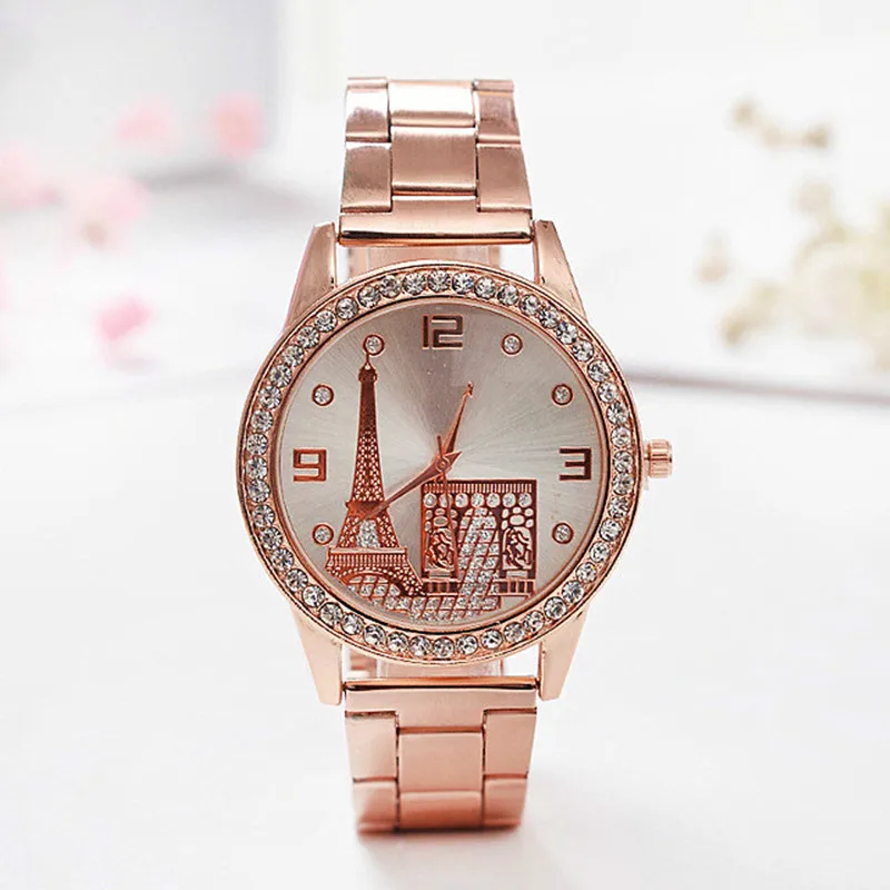 

Relogio Feminino new Fashion Eiffel Tower Gold Women Watch Ladies Stainless Steel Rhinestone Dress Quartz-Watch kobiet zegarka