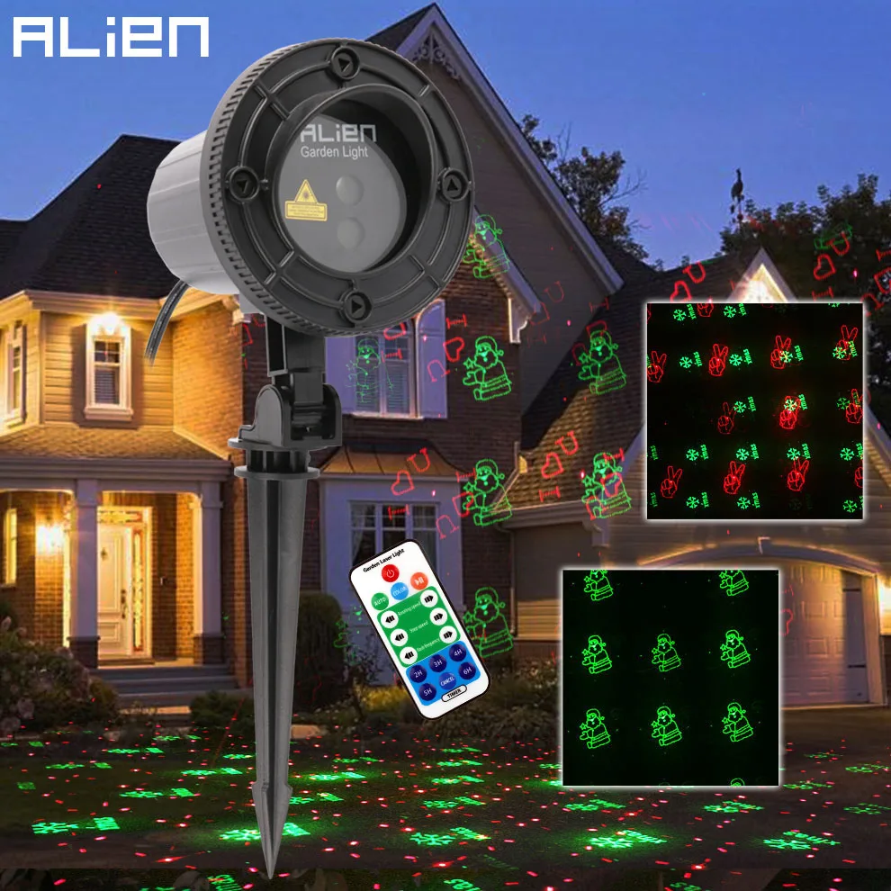 

ALIEN Remote Red Green Christmas Laser Light Projector RG 12 Xmas Patterns Waterproof Garden Holiday Tree House Show Lighting