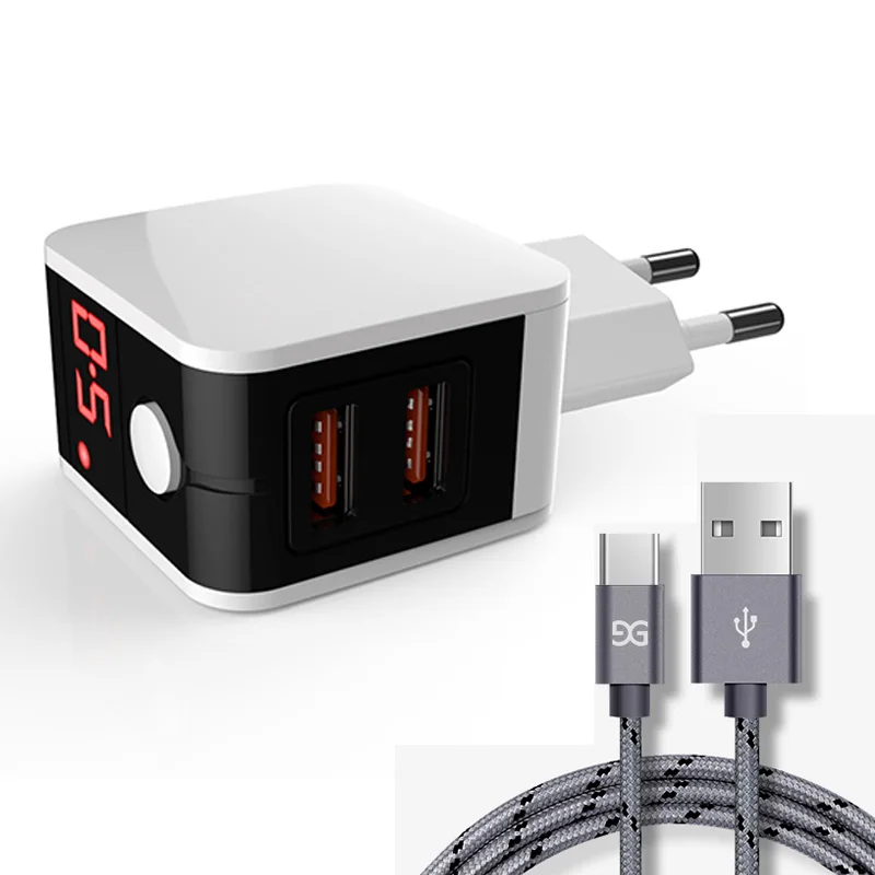 От GUSGU USB Зарядное устройство двойное быстрое зарядное устройство для телефона адаптер ЕС Порты и разъёмы с Тип usb-C нейлоновый кабель для samsung Galaxy S9 S8 huawei Oneplus - Цвет: WhiteGrey