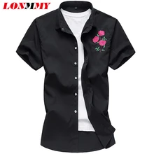 LONMMY 6XL 7XL Для мужчин рубашка цветочной вышивкой с коротким рукавом рубашки Для мужчин платье slim fit camisa социальной Повседневное блузки новая