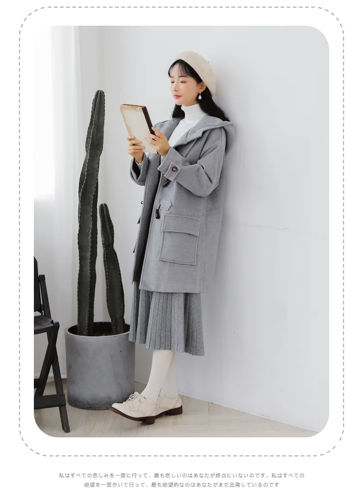 В стиле преппи, свободное длинный зимний модный шерстяной пальто с роговыми пуговицами Полушерстяное пальто и куртки отложной воротник пальто Femenino