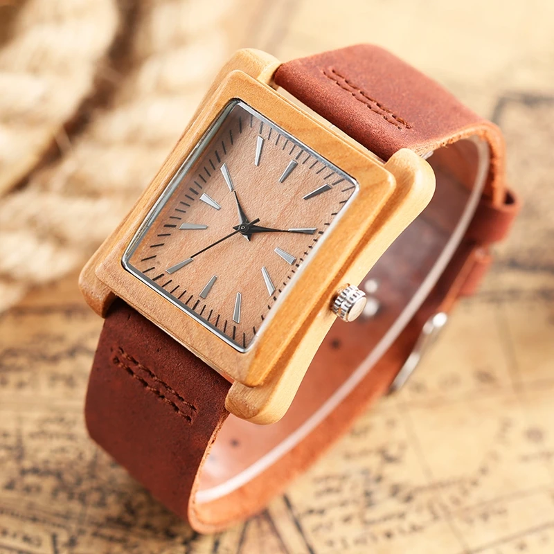 Rectangle Dial Wooden Watches for Men Natural Wood Bamboo Analog Display Genuine Leather Band Quartz Clocks Male Christmas Gifts 2020 2019 (36)