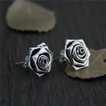 

C&R Real S925 Stud Earrings for Women Realistic Rose Shape Thai Silver Earrings Vintage Handmade Fine Jewelry