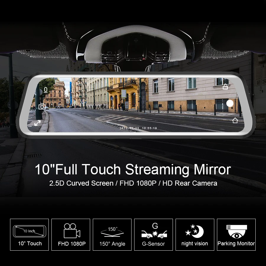 Kommander Автомобильный видеорегистратор поток зеркало заднего вида dash cam Full HD 1080P полный сенсорный экран 1" авто камера автомобильный рекордер dash cam